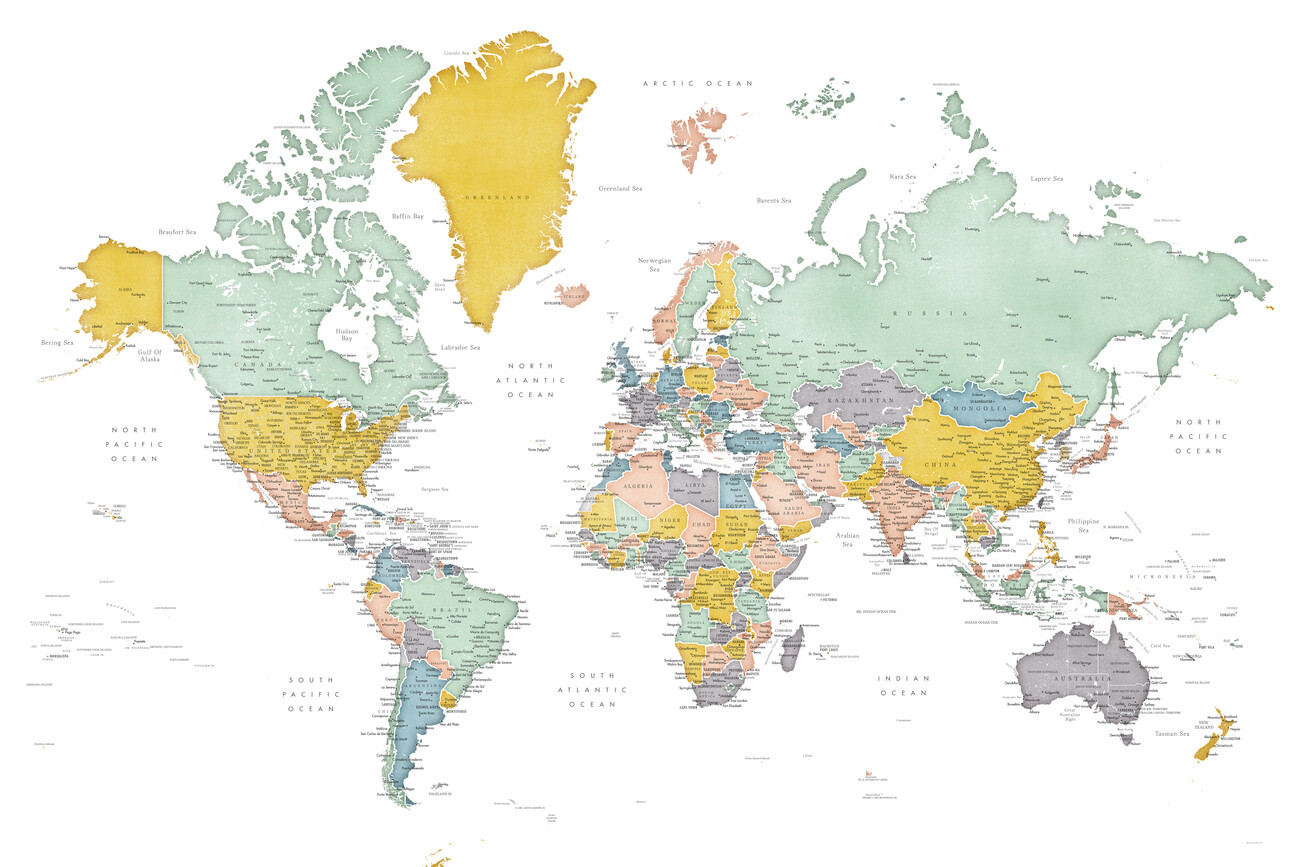 Map of Detailed world map in mid-century colors, Patti ǀ Maps of all cities  and countries for your wall