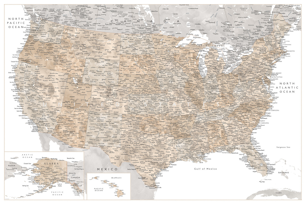 Realistic Map Of The United States Map Of Highly Detailed Map Of The United States In Neutral Watercolor ǀ Maps  Of All Cities And Countries For Your Wall