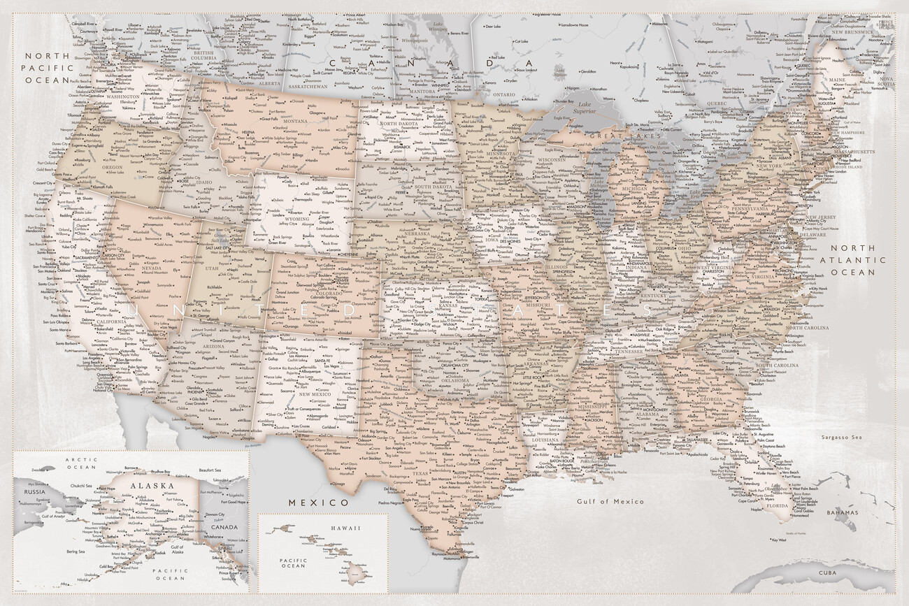 Map Highly detailed map of the United States in rustic style