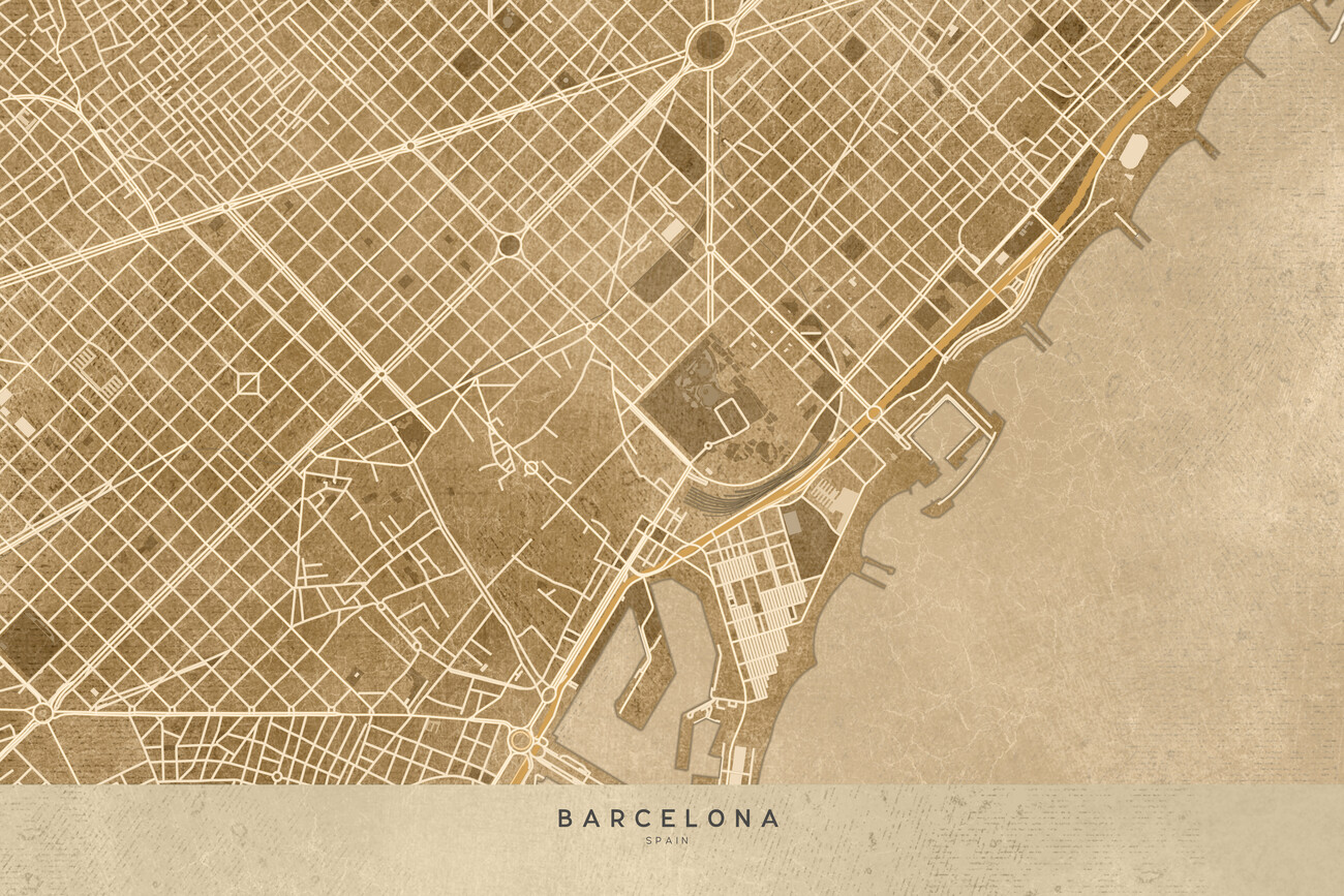 Kartta Map of Barcelona downtown in sepia vintage style ǀ Kaikki  kaupunkikartat ja maailmankartat seinälle