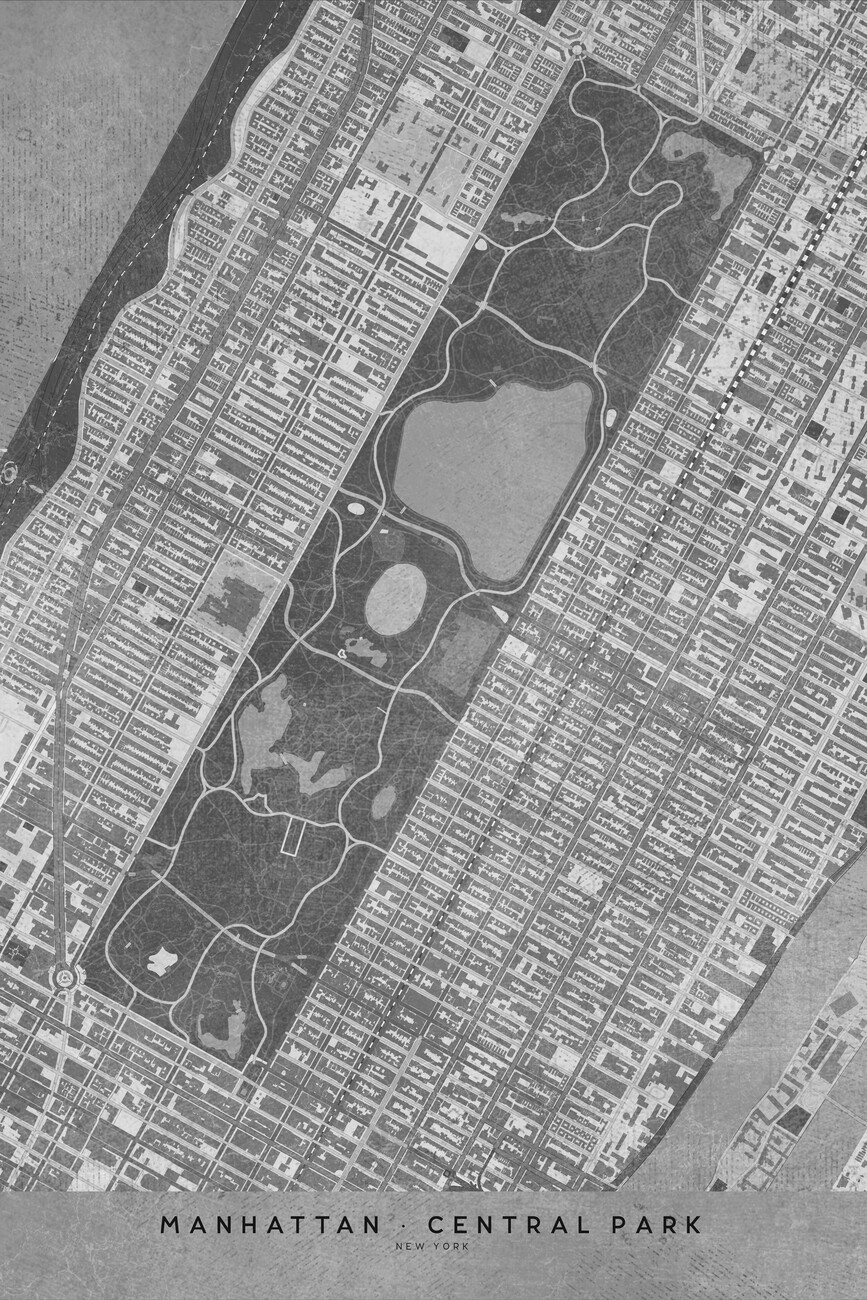 Kartta Map of Manhattan Central Park in gray vintage style ǀ Kaikki  kaupunkikartat ja maailmankartat seinälle