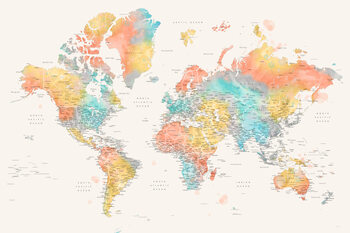 Detailed colorful watercolor world map, Fifi Fototapeta