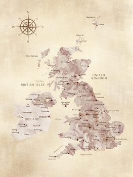 Kartta Sepia distressed map of the British Islands
