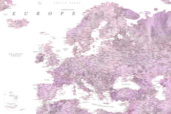 Mapa Detailed map of Europe in mauve watercolor