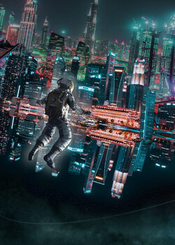 Illustration Astronaut floating towards a cyber city