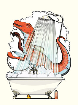 Illustration Dinosaur Velociraptor in the Shower, funny bathroom humour
