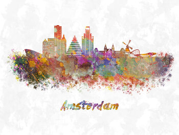 Illustration Amsterdam skyline in watercolor