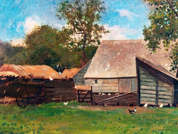 Canvas Print Farmyard with Ducks & Chickens (Farmhouse in Summer) - Winslow Homer