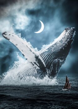 Art Photography Giant Blue Whale and Red Boat in Ocean