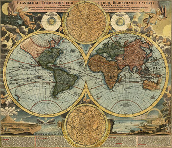 Kaart Vintage World Continents Map 1663