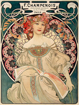 Illustration F. Champenois, Female Portrait (Vintage Art Nouveau Lady in Green) - Alphonse / Alfons Mucha
