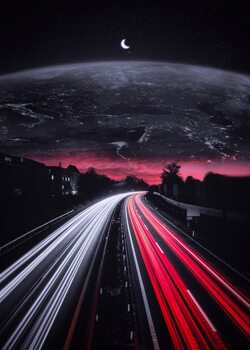 Fotografía artística Traffic road to sky earth and mini crescent moon