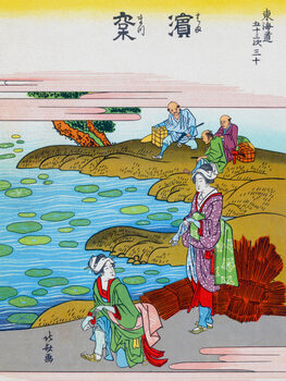 Ilustracija Hamamatsu-juku / Japanese Geisha Girls by the Water (Pink & Green Japandi) - Katsushika Hokusai
