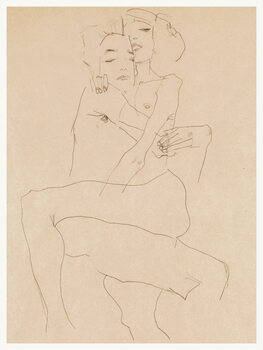 Illustration Couple Embracing (Line Drawn Nude Sketch) - Egon Schiele