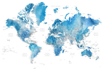 Fototapet Blue watercolor world map with cities, Raleigh