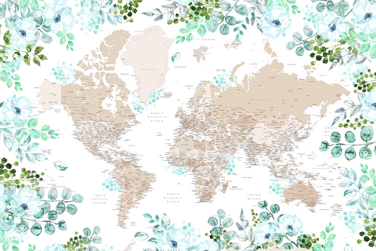 Mapa Floral bohemian world map with cities, Leanne