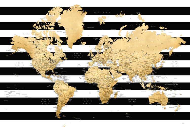 Detailed gold world map with stripes, Harper Fototapet