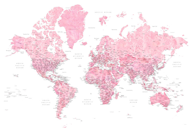 Detailed pink watercolor world map, Damla Fototapet