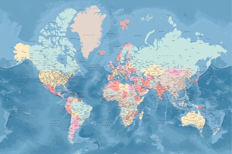Kort Light blue and pastels detailed world map