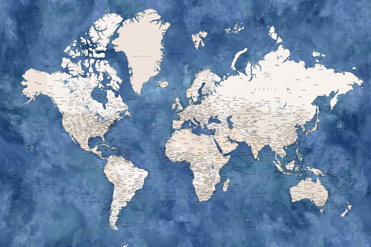 Ταπετσαρία τοιχογραφία Blue and beige watercolor detailed world map