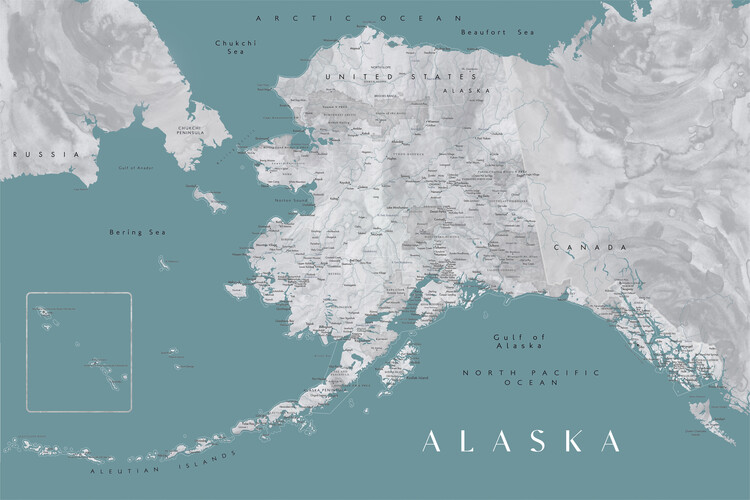 Mapa Detailed map of Alaska en teal and grey watercolor