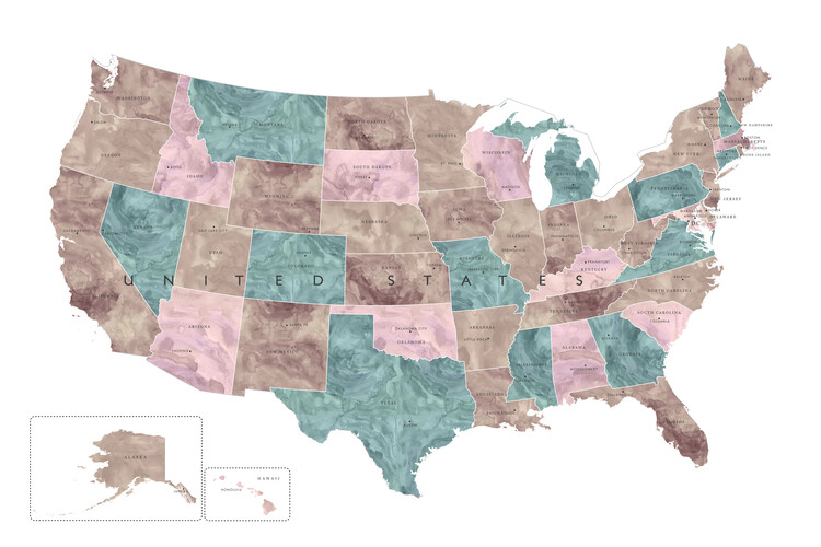 Zemljevid Muted watercolor map of the US with state capitals