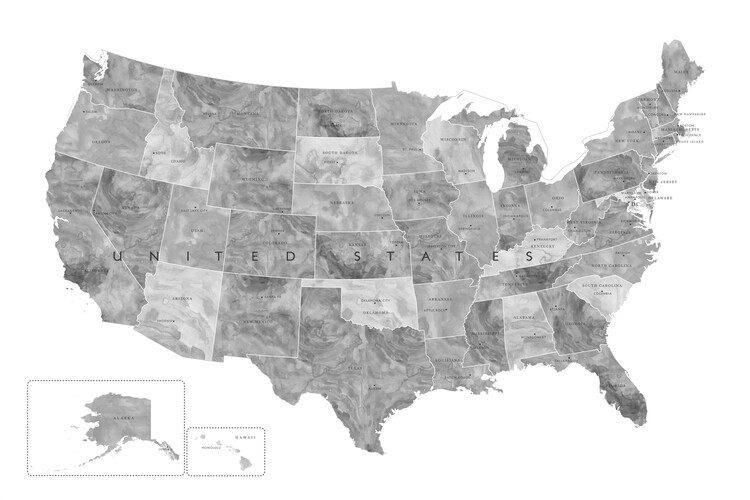 Papier peint Gray watercolor map of the US with state capitals