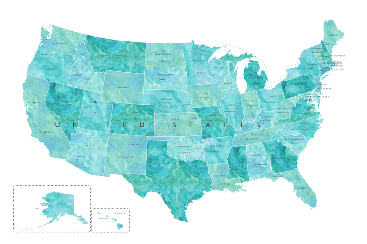 Zemljevid Aquamarine watercolor map of the US with state capitals