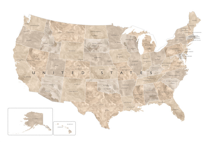 Map of Neutral watercolor map of the US with state capitals ǀ Maps of all  cities and countries for your wall