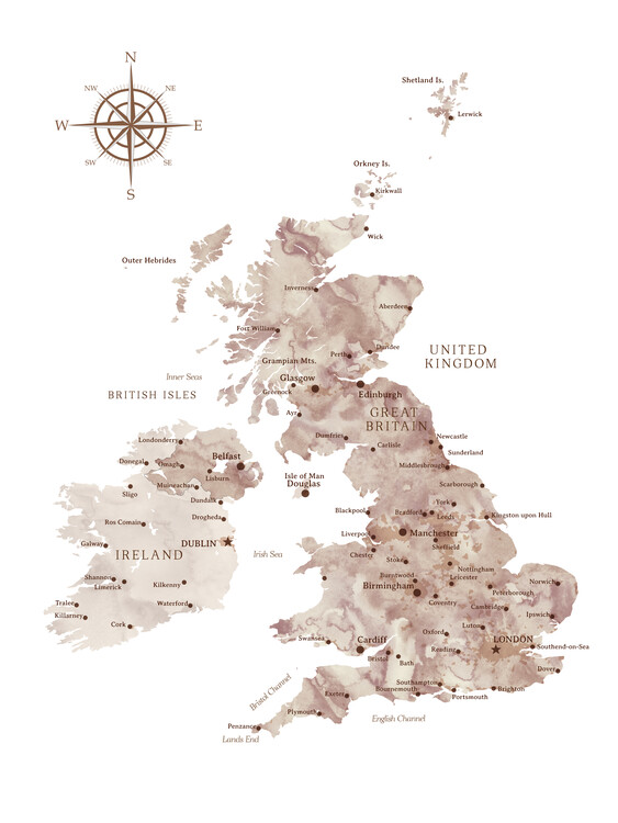 Canvas-taulu Brown watercolor map of the British Islands