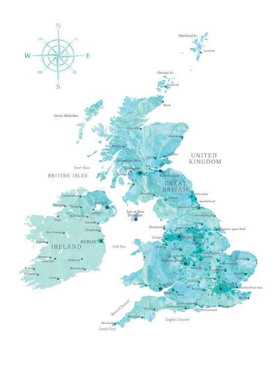 Canvas-taulu Aquamarine watercolor map of the British Islands