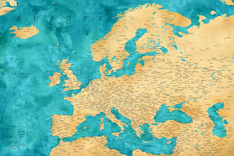 Kartta Detailed map of Europe in gold and teal watercolor ǀ Kaikki  kaupunkikartat ja maailmankartat seinälle