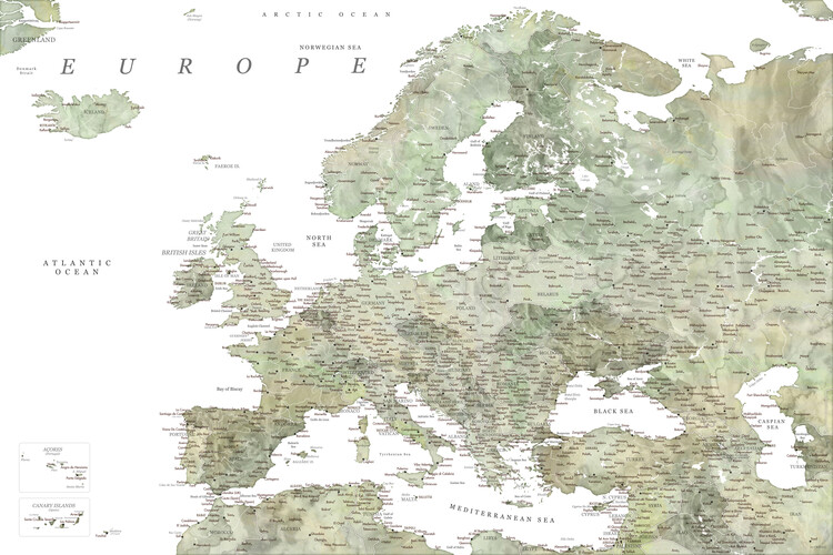 Mapa Detailed map of Europe in green watercolor, Blursbyai, 40x26.7 cm