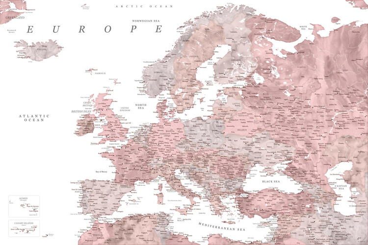 Kartta Detailed map of Europe in dusty pink and grey watercolor