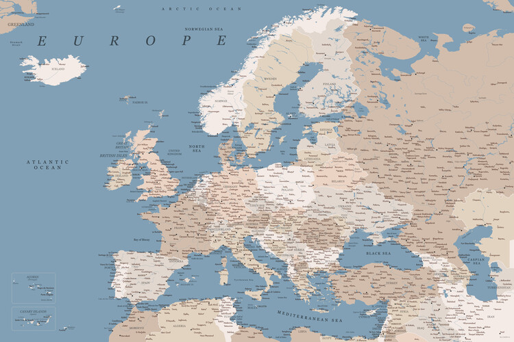 Mapa Detailed map of Europe in blue and taupe, Blursbyai, 40x26.7 cm