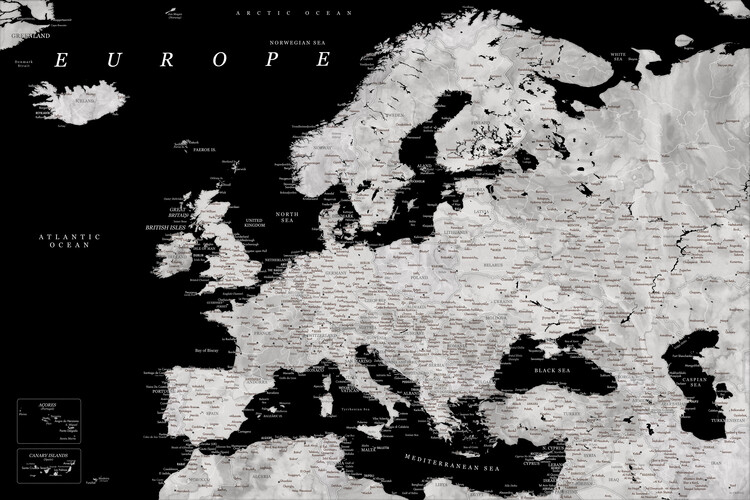 Mapa Black and grey detailed map of Europe in watercolor, Blursbyai, 40x26.7 cm