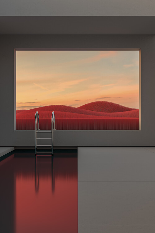 Art Photography Minimal interior with a red field at sunset series 1