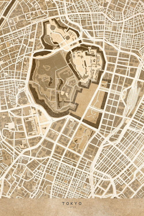 Papier peint Map of Tokyo, Japan, in sepia vintage style