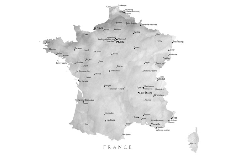 Carte Map of France in gray watercolor
