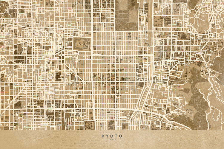 Papier peint Map of Kyoto, Japan, in sepia vintage style