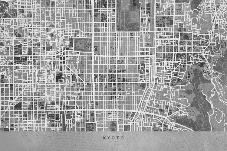 Papier peint Map of Kyoto, Japan, in gray vintage style