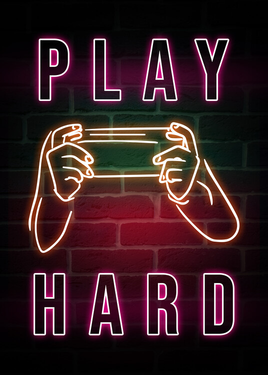 Umelecká tlač Play Hard-Gamer Neon Quote