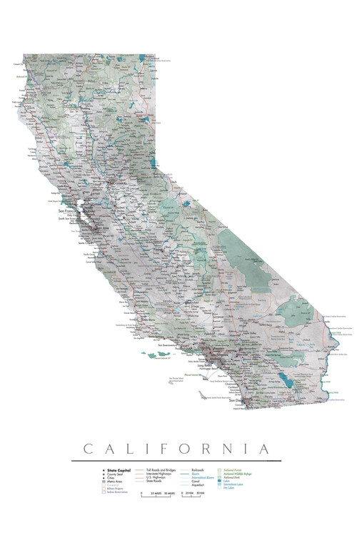 Kartta California USA detailed state map ǀ Kaikki kaupunkikartat ja  maailmankartat seinälle