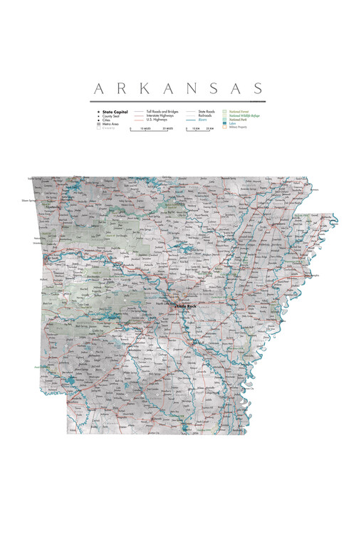 Kort Arkansas detailed USA state map