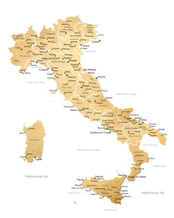 Kartta Gold isolated map of Italy ǀ Kaikki kaupunkikartat ja maailmankartat  seinälle