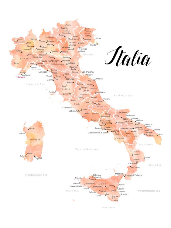Mapa Rose gold watercolor map of Italy
