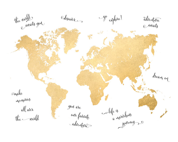 Ταπετσαρία τοιχογραφία Inspirational quotes gold world map