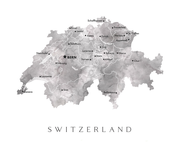 Mappa Gray watercolor map of Switzerland with cities