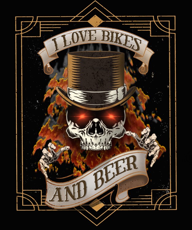 Ilustrácia I love bikes and beer skull skeleton design