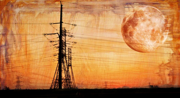 Illustration electric power lines and full moon at sunrise mixed media